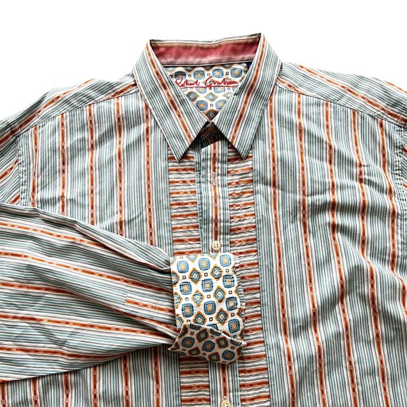 Robert Graham 2XL Shirt Men's Flip Cuff Teal Orange Blue Striped Embroidered Hem - Picture 1 of 12